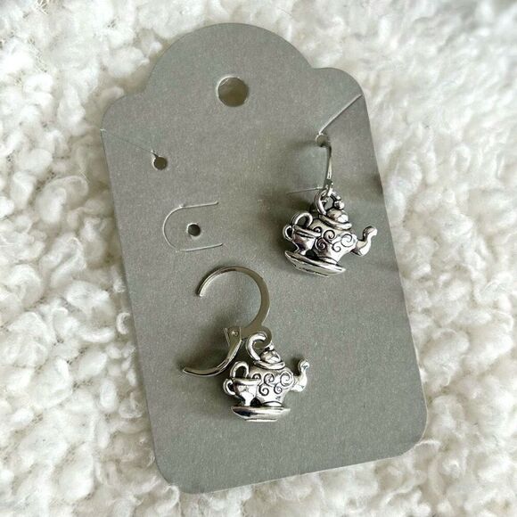 3/$15 Silver Dainty Teapot and Teacup Dangle Earrings - Picture 3 of 3